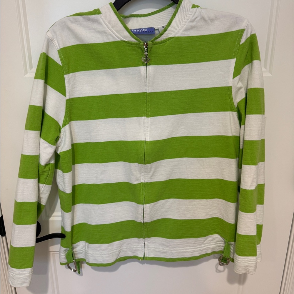 Onque Casuals Lime Green and White Striped Polo